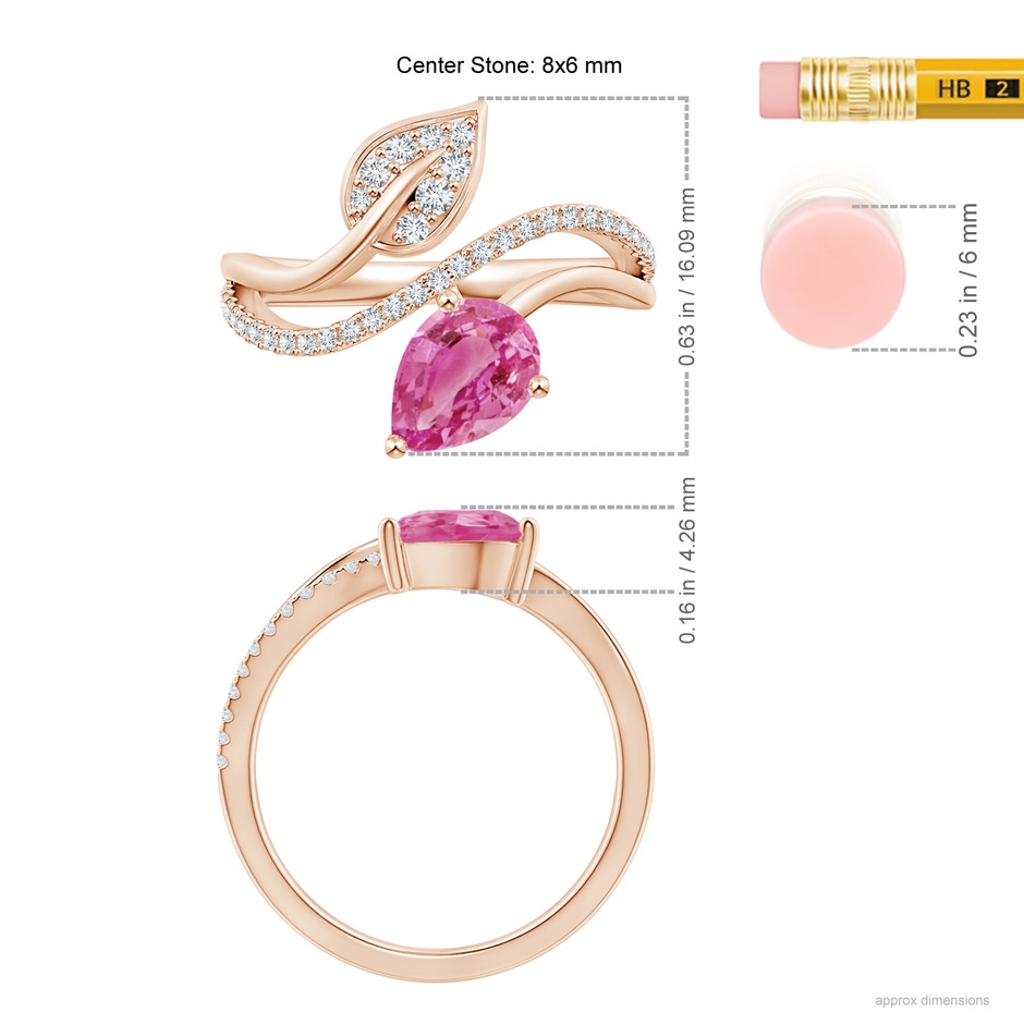 8x6mm AAA Pink Sapphire and Diamond Bypass Ring with Leaf Motif in Rose Gold ruler