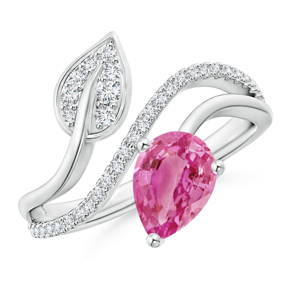 8x6mm AAA Pink Sapphire and Diamond Bypass Ring with Leaf Motif in White Gold 