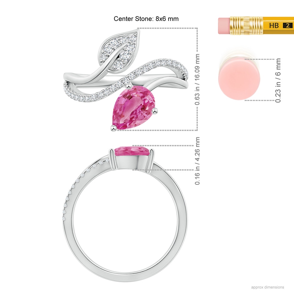 8x6mm AAA Pink Sapphire and Diamond Bypass Ring with Leaf Motif in White Gold ruler