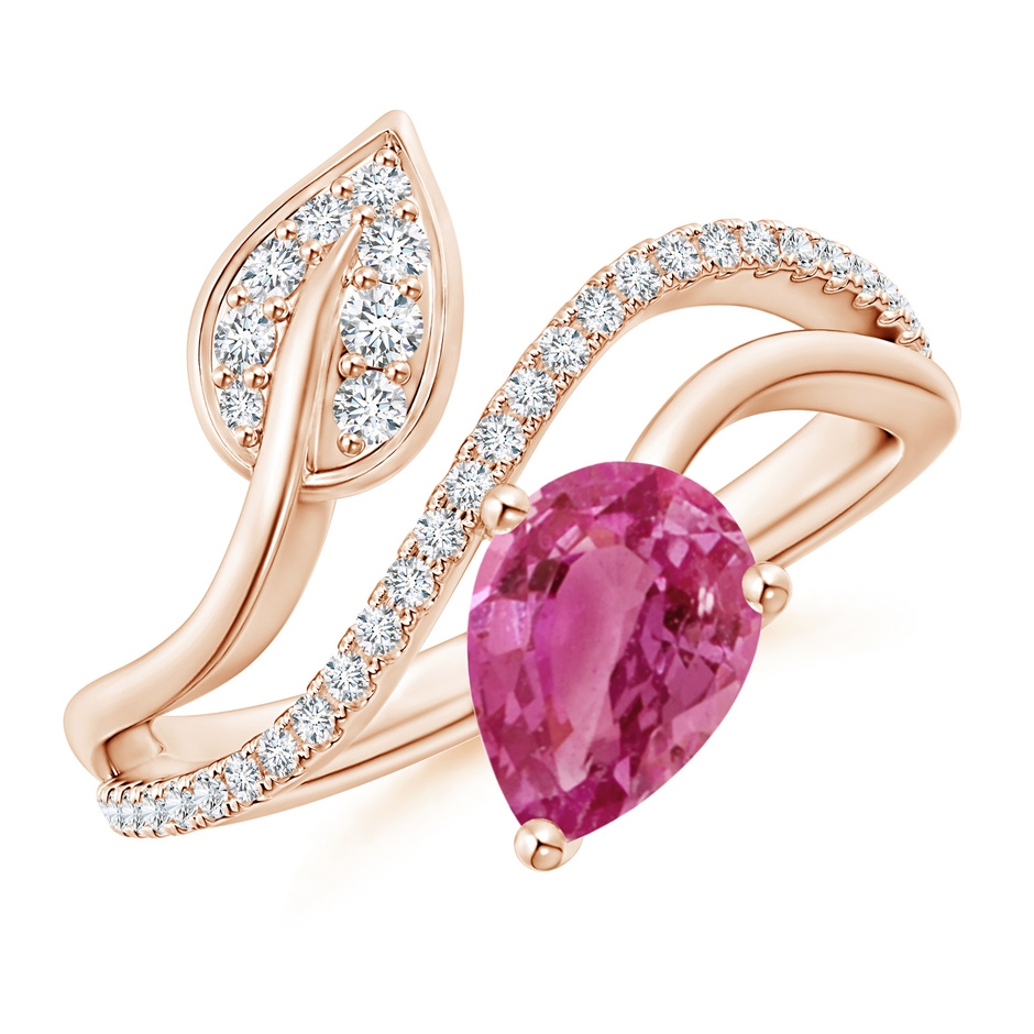 8x6mm AAAA Pink Sapphire and Diamond Bypass Ring with Leaf Motif in Rose Gold 