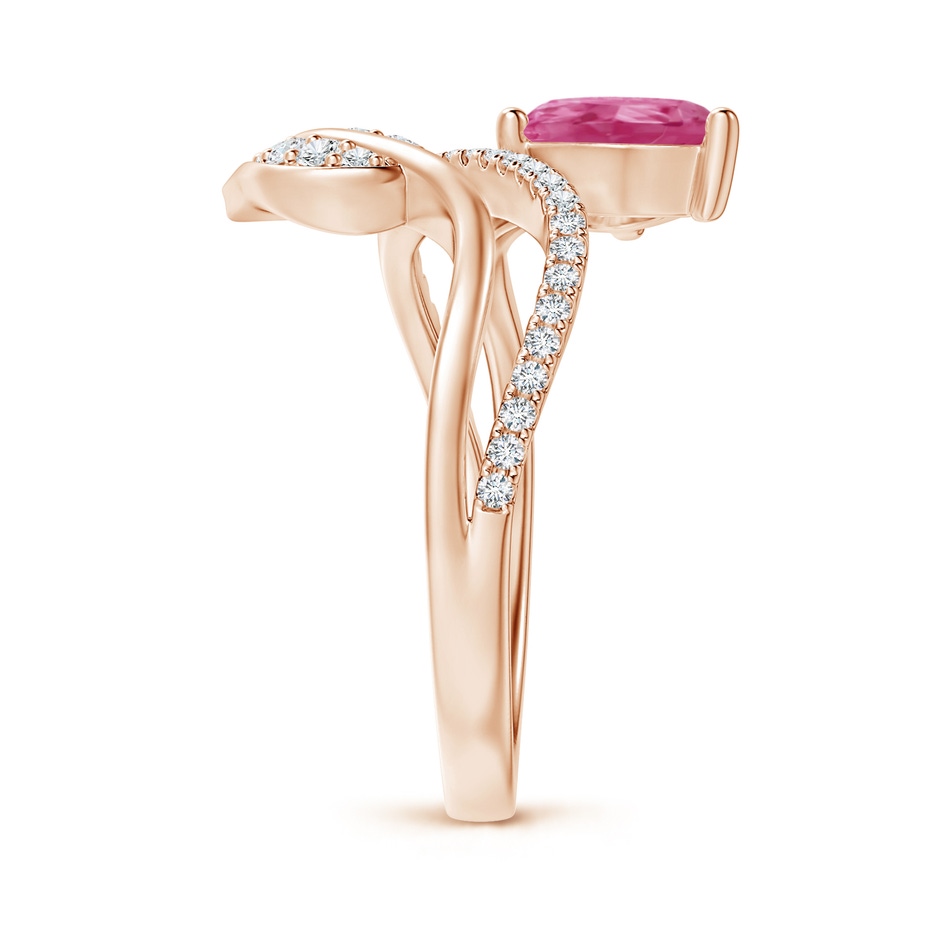 8x6mm AAAA Pink Sapphire and Diamond Bypass Ring with Leaf Motif in Rose Gold side-2