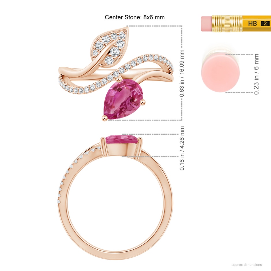 8x6mm AAAA Pink Sapphire and Diamond Bypass Ring with Leaf Motif in Rose Gold ruler