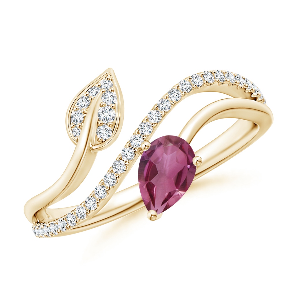 6x4mm AAAA Pink Tourmaline and Diamond Bypass Ring with Leaf Motif in Yellow Gold