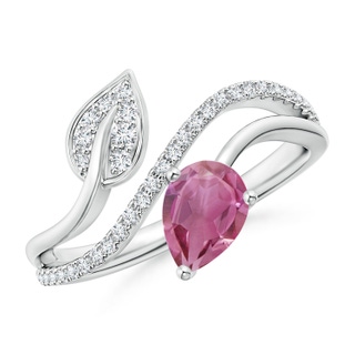 7x5mm AAA Pink Tourmaline and Diamond Bypass Ring with Leaf Motif in White Gold