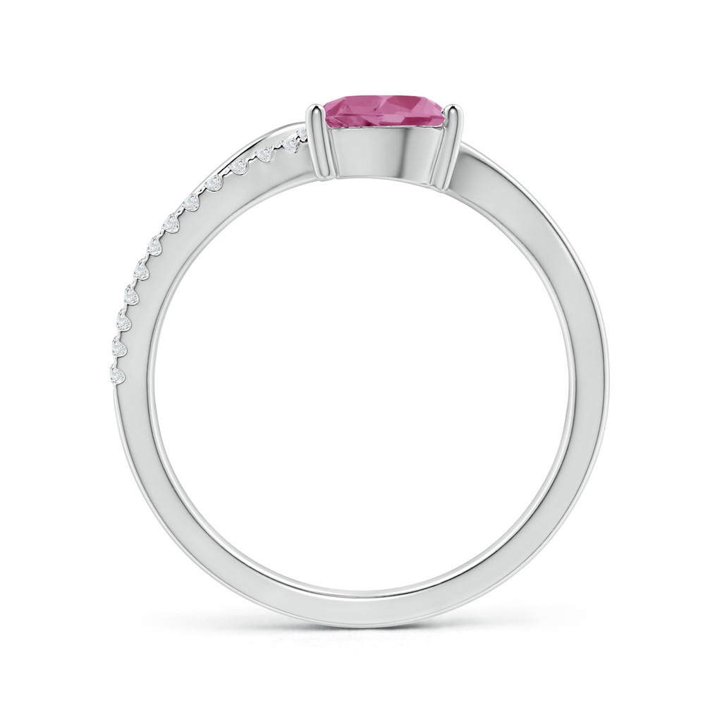 7x5mm AAA Pink Tourmaline and Diamond Bypass Ring with Leaf Motif in White Gold Side 1