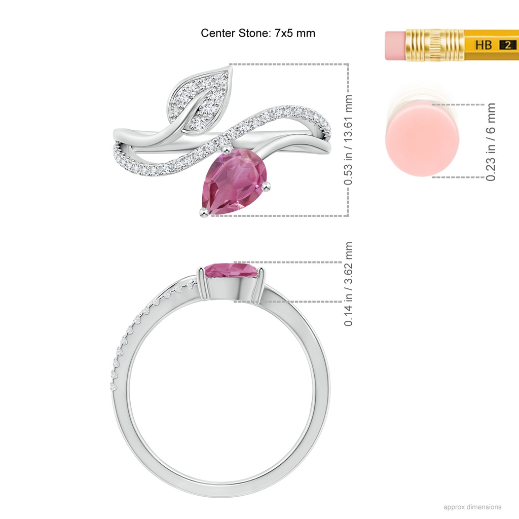 7x5mm AAA Pink Tourmaline and Diamond Bypass Ring with Leaf Motif in White Gold Ruler