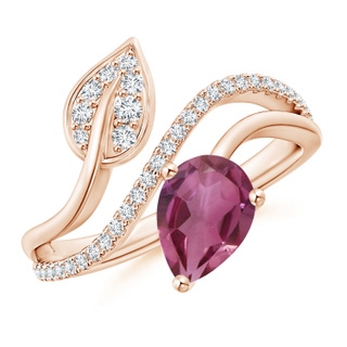8x6mm AAAA Pink Tourmaline and Diamond Bypass Ring with Leaf Motif in Rose Gold