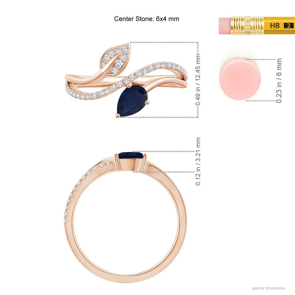 6x4mm A Sapphire and Diamond Bypass Ring with Leaf Motif in Rose Gold ruler
