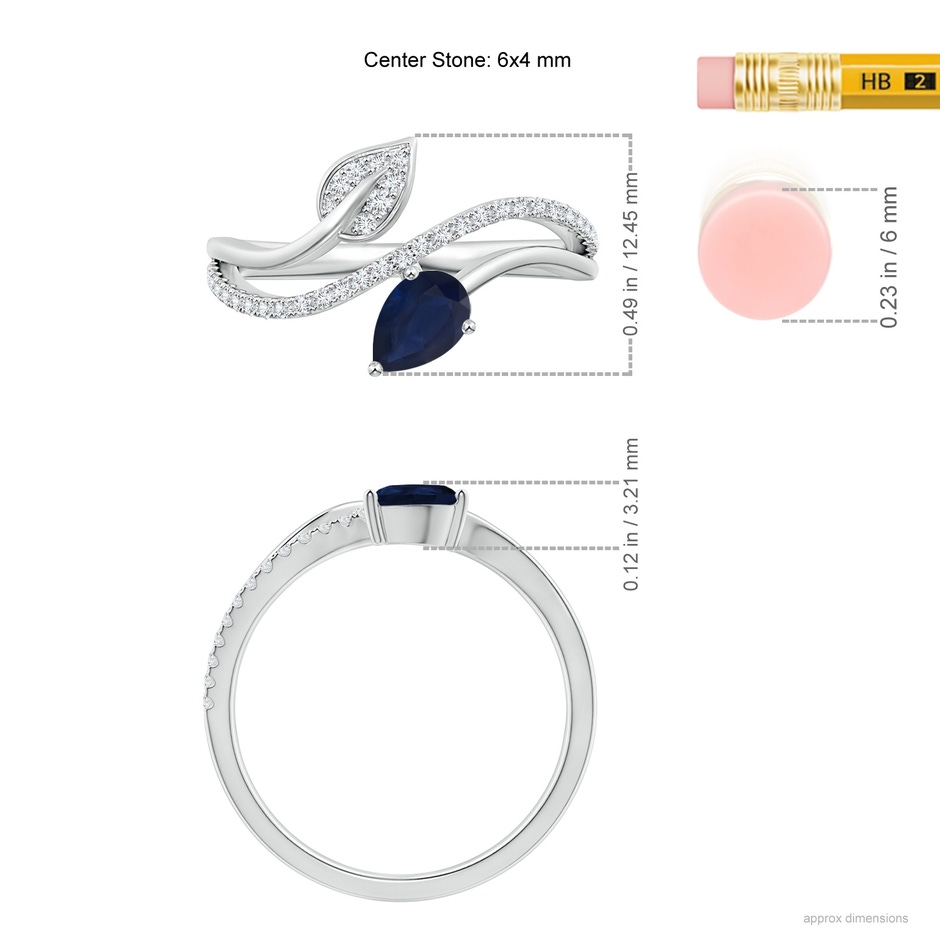 6x4mm A Sapphire and Diamond Bypass Ring with Leaf Motif in White Gold ruler