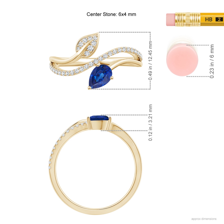 6x4mm AAA Sapphire and Diamond Bypass Ring with Leaf Motif in Yellow Gold ruler
