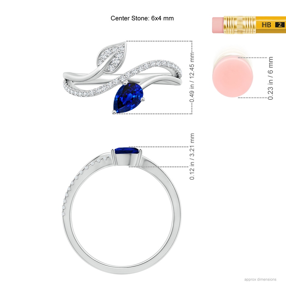 6x4mm AAAA Sapphire and Diamond Bypass Ring with Leaf Motif in White Gold ruler