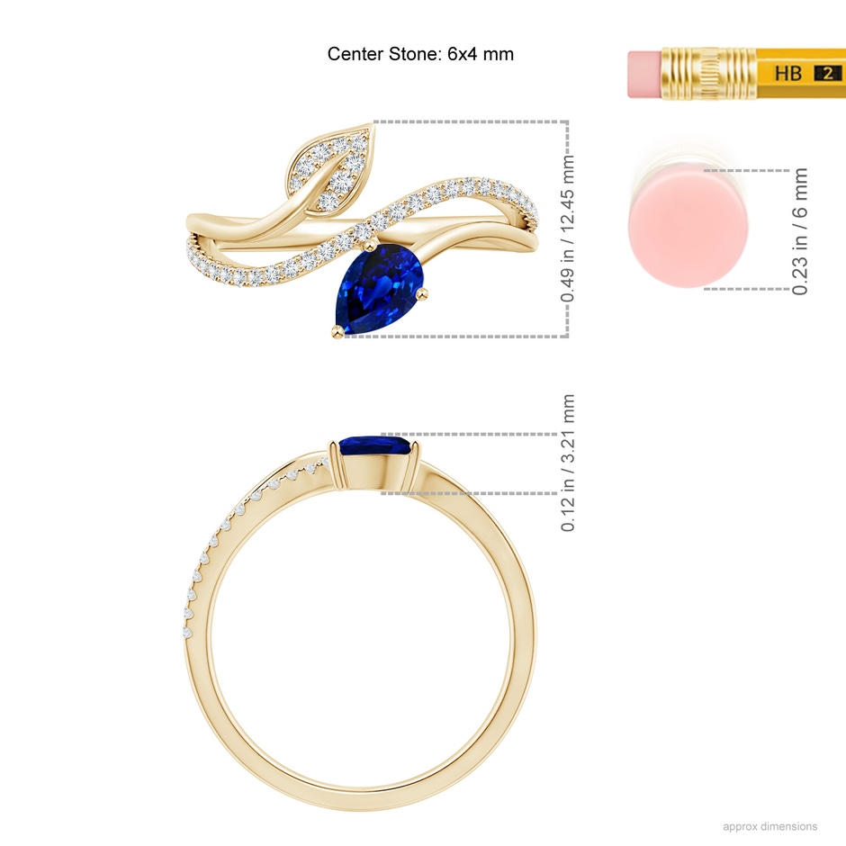 6x4mm AAAA Sapphire and Diamond Bypass Ring with Leaf Motif in Yellow Gold ruler