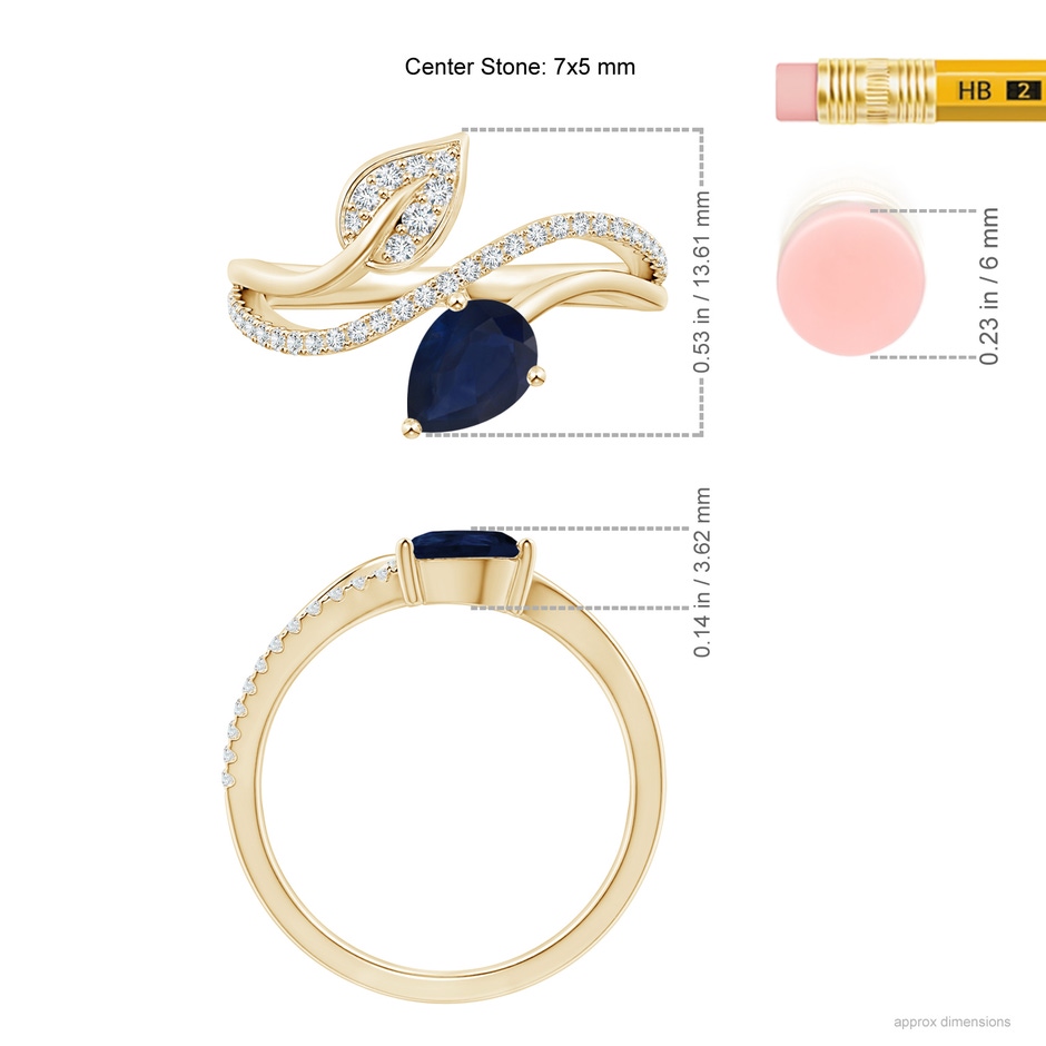 7x5mm A Sapphire and Diamond Bypass Ring with Leaf Motif in Yellow Gold ruler