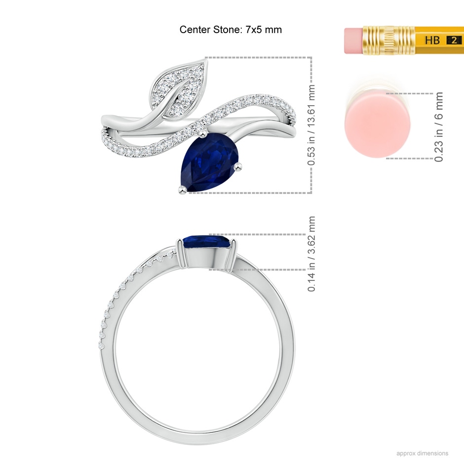 7x5mm AA Sapphire and Diamond Bypass Ring with Leaf Motif in White Gold ruler
