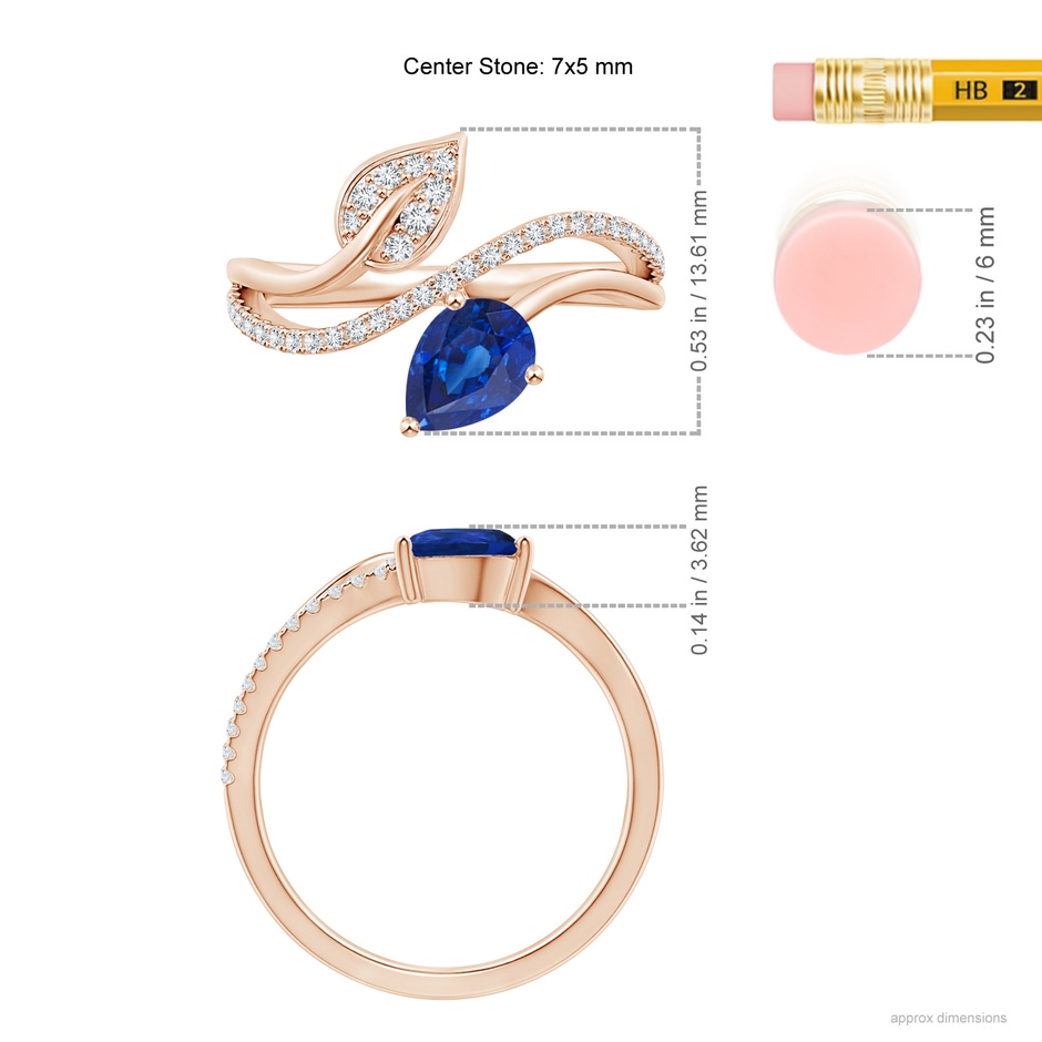 7x5mm AAA Sapphire and Diamond Bypass Ring with Leaf Motif in Rose Gold ruler