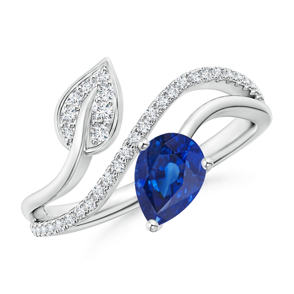 7x5mm AAA Sapphire and Diamond Bypass Ring with Leaf Motif in White Gold 