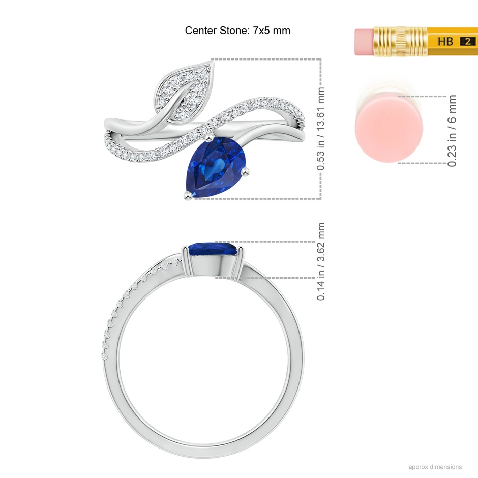 7x5mm AAA Sapphire and Diamond Bypass Ring with Leaf Motif in White Gold ruler