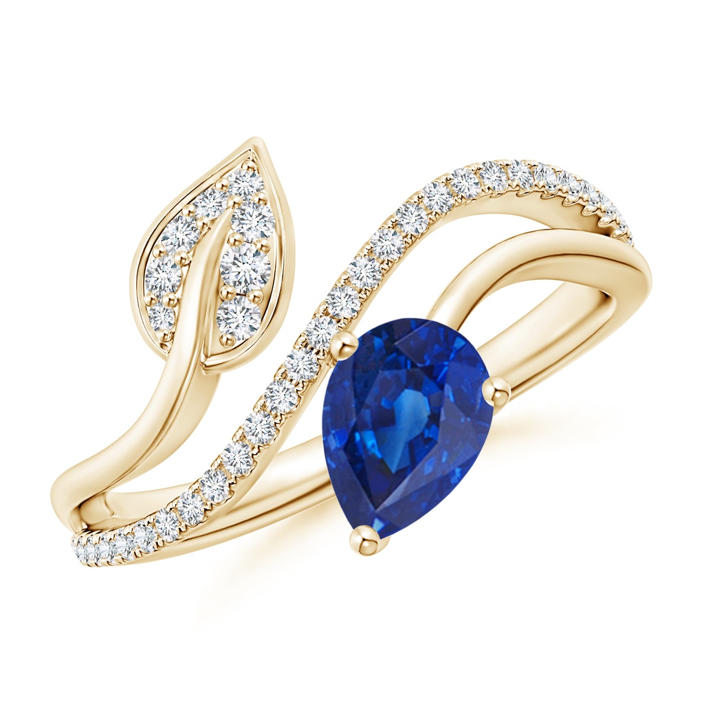 7x5mm AAA Sapphire and Diamond Bypass Ring with Leaf Motif in Yellow Gold