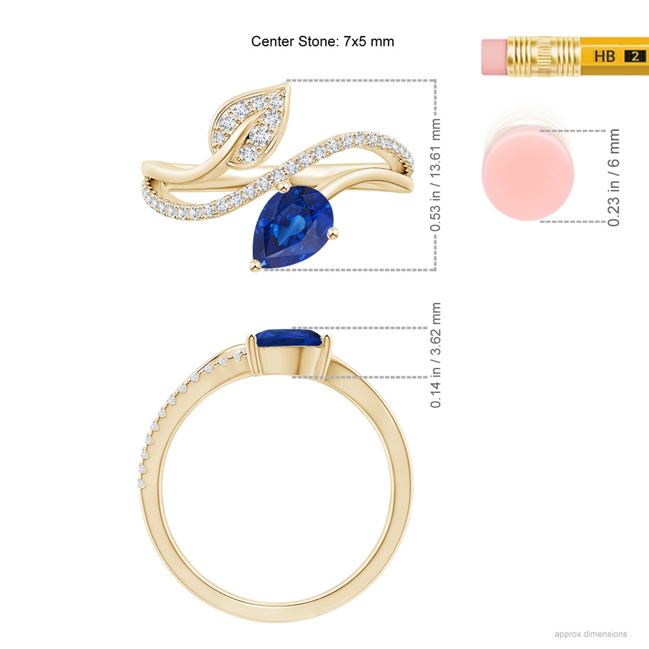 7x5mm AAA Sapphire and Diamond Bypass Ring with Leaf Motif in Yellow Gold ruler