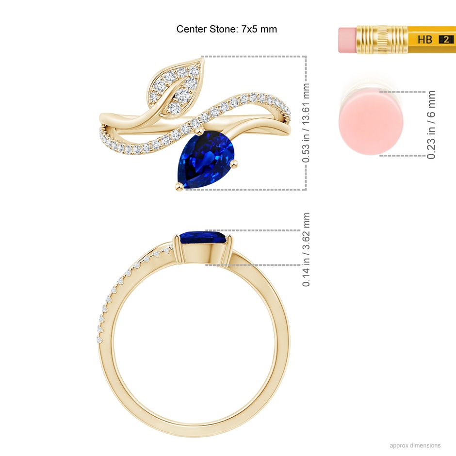 7x5mm AAAA Sapphire and Diamond Bypass Ring with Leaf Motif in Yellow Gold ruler