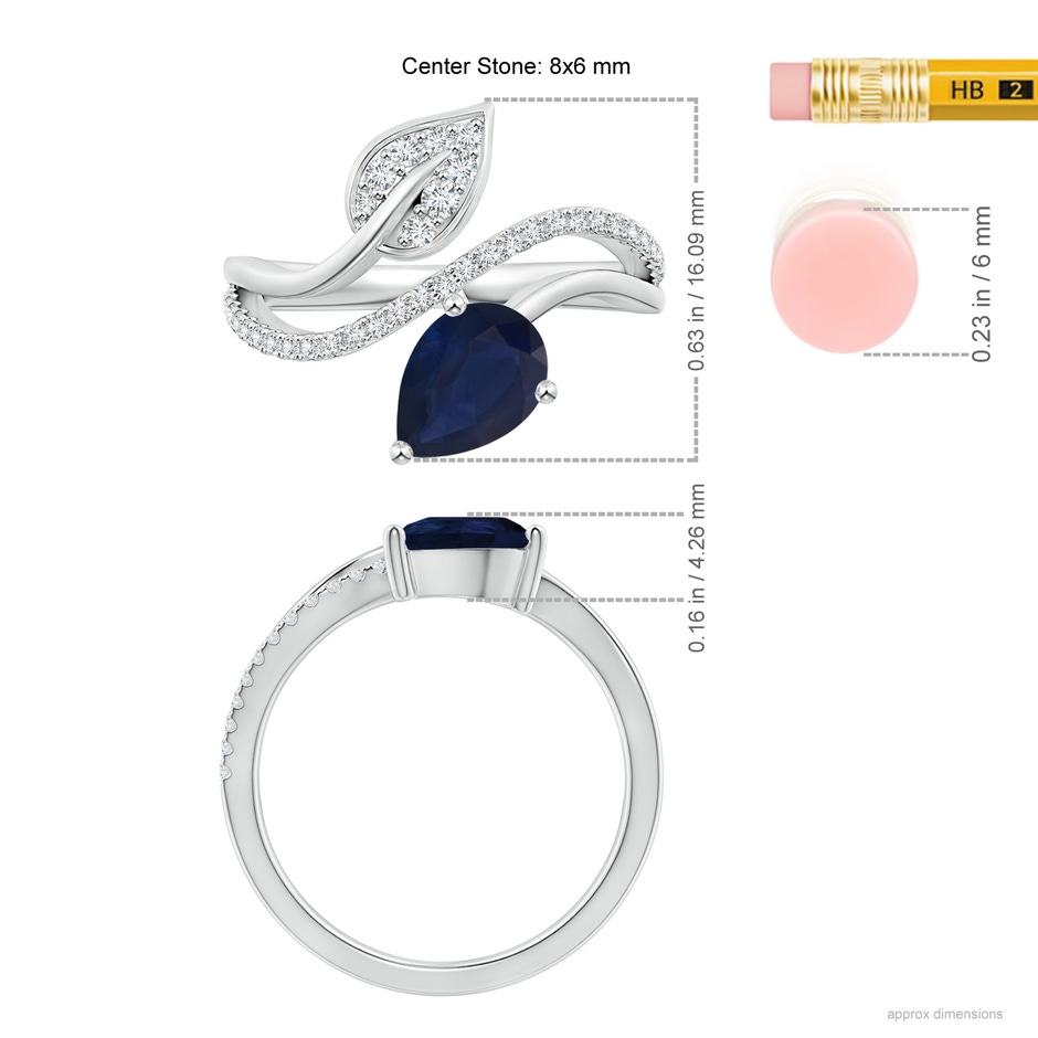 8x6mm A Sapphire and Diamond Bypass Ring with Leaf Motif in White Gold ruler