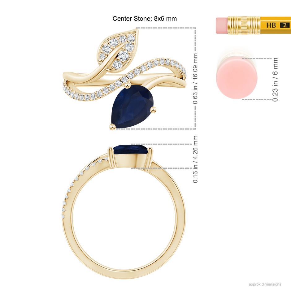 8x6mm A Sapphire and Diamond Bypass Ring with Leaf Motif in Yellow Gold ruler