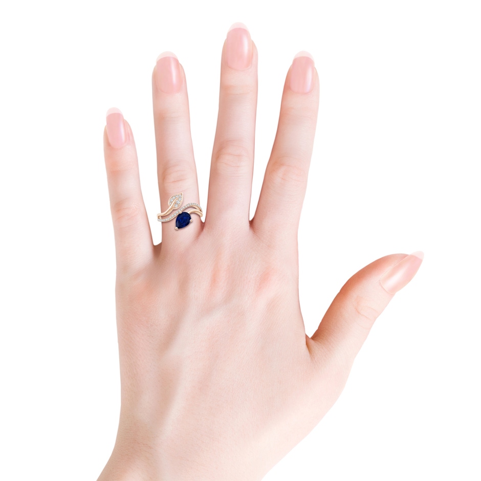 8x6mm AA Sapphire and Diamond Bypass Ring with Leaf Motif in Rose Gold body-hand