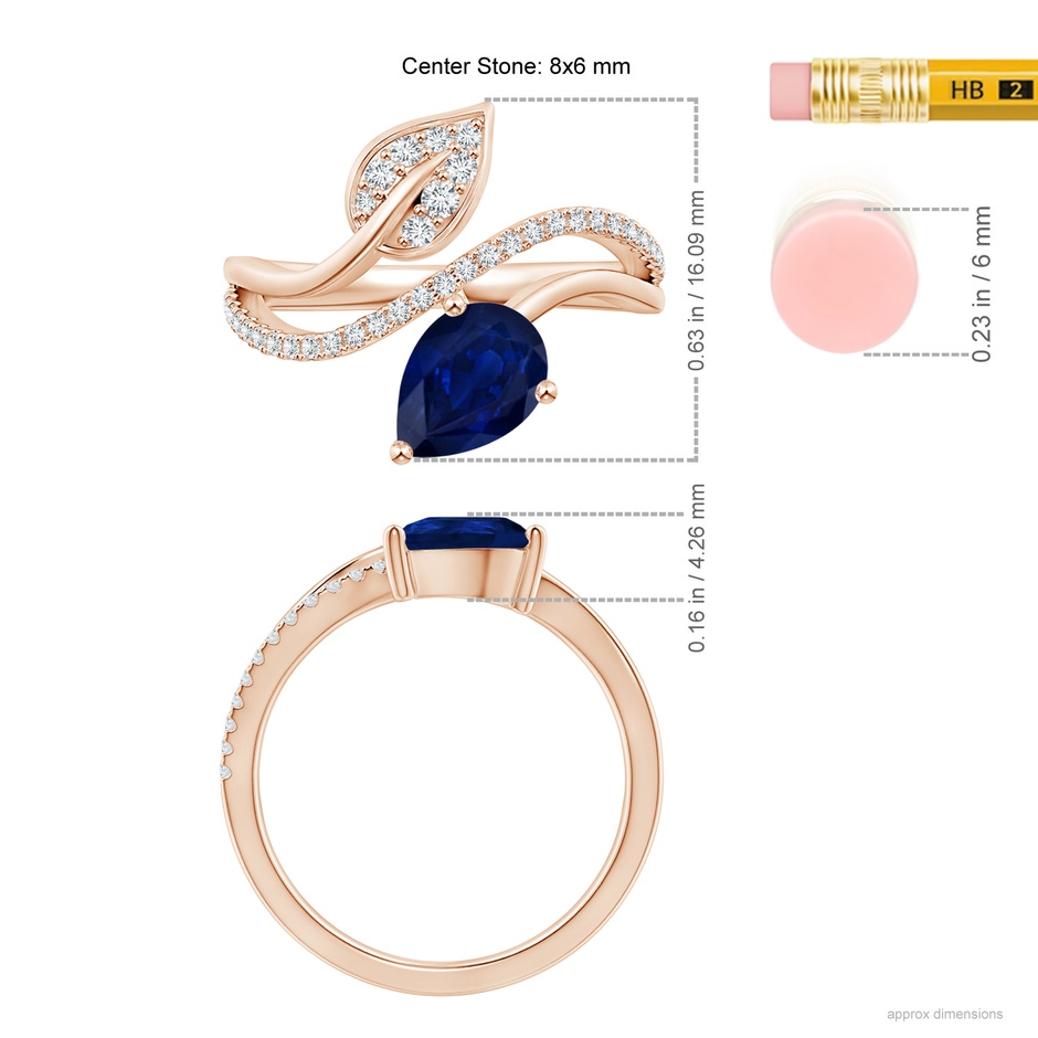 8x6mm AA Sapphire and Diamond Bypass Ring with Leaf Motif in Rose Gold ruler