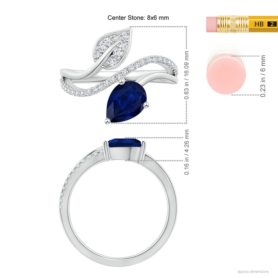 8x6mm AA Sapphire and Diamond Bypass Ring with Leaf Motif in White Gold ruler