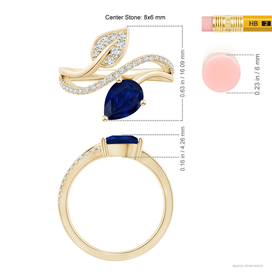 8x6mm AA Sapphire and Diamond Bypass Ring with Leaf Motif in Yellow Gold ruler