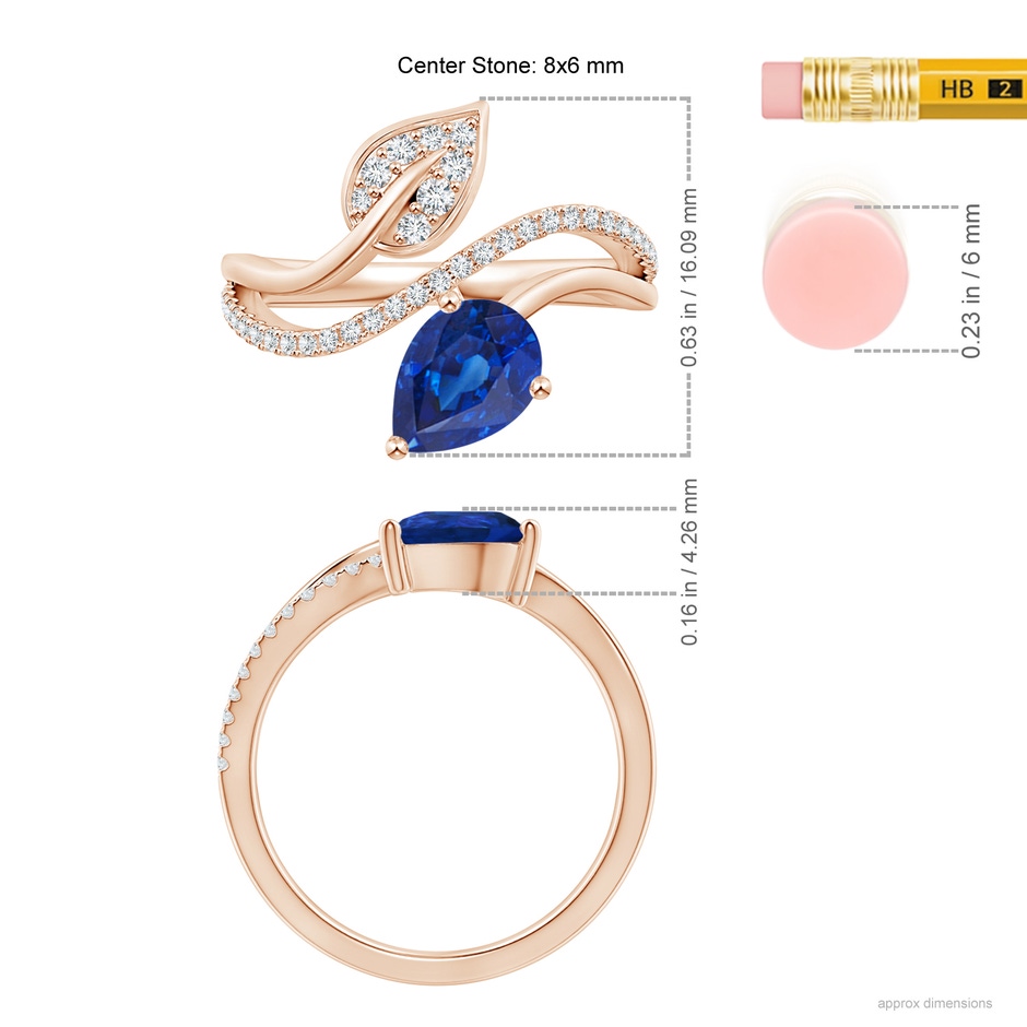 8x6mm AAA Sapphire and Diamond Bypass Ring with Leaf Motif in Rose Gold ruler