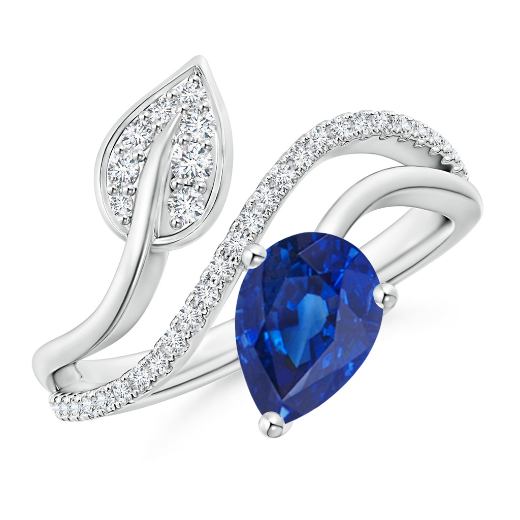 8x6mm AAA Sapphire and Diamond Bypass Ring with Leaf Motif in White Gold