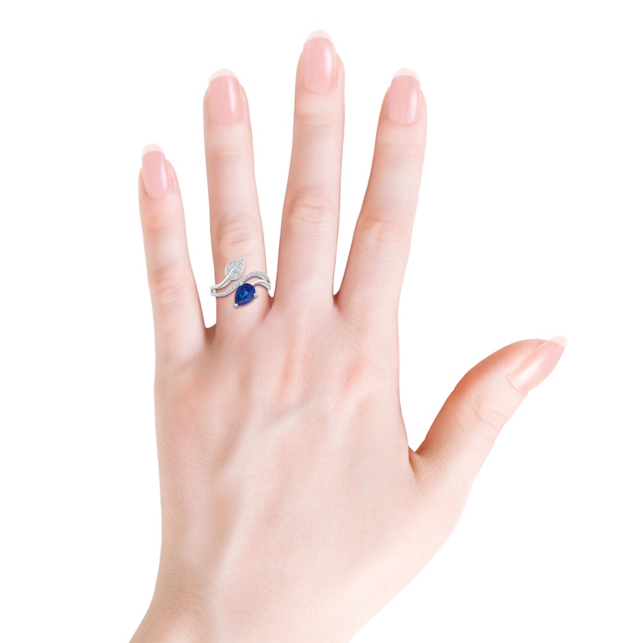 8x6mm AAA Sapphire and Diamond Bypass Ring with Leaf Motif in White Gold body-hand