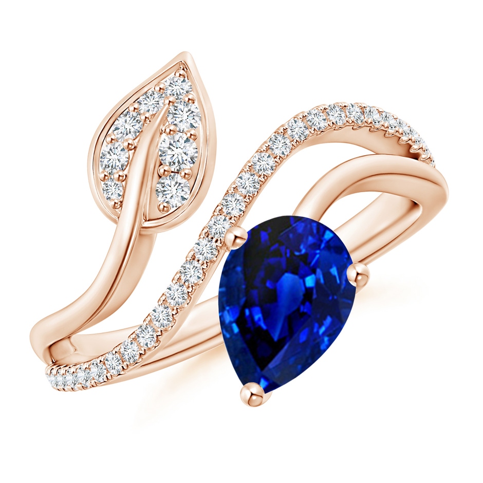 8x6mm AAAA Sapphire and Diamond Bypass Ring with Leaf Motif in Rose Gold 