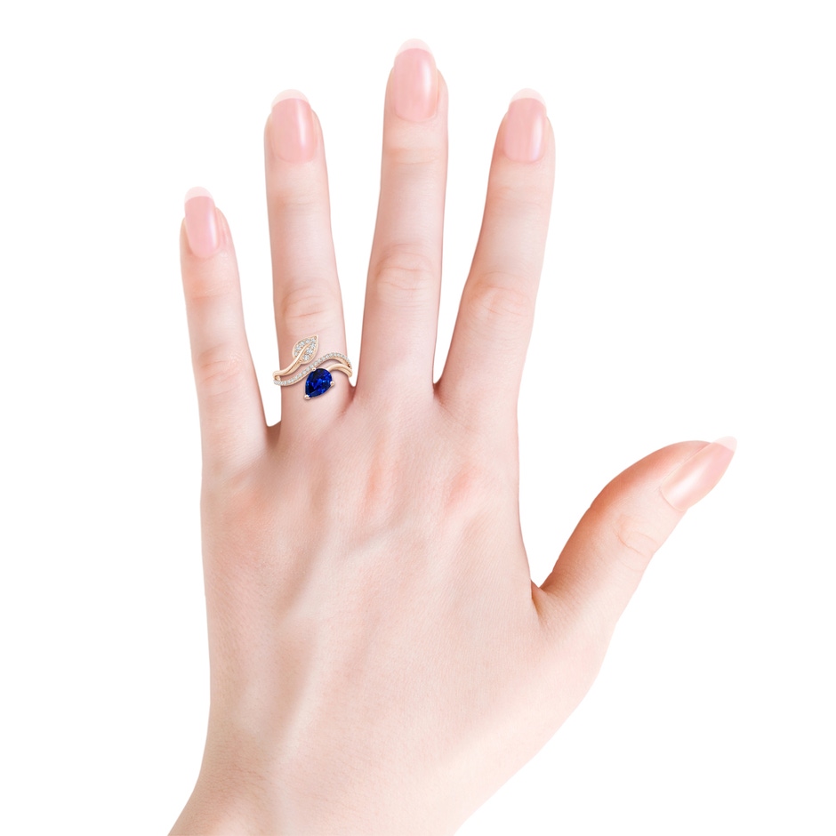 8x6mm AAAA Sapphire and Diamond Bypass Ring with Leaf Motif in Rose Gold body-hand
