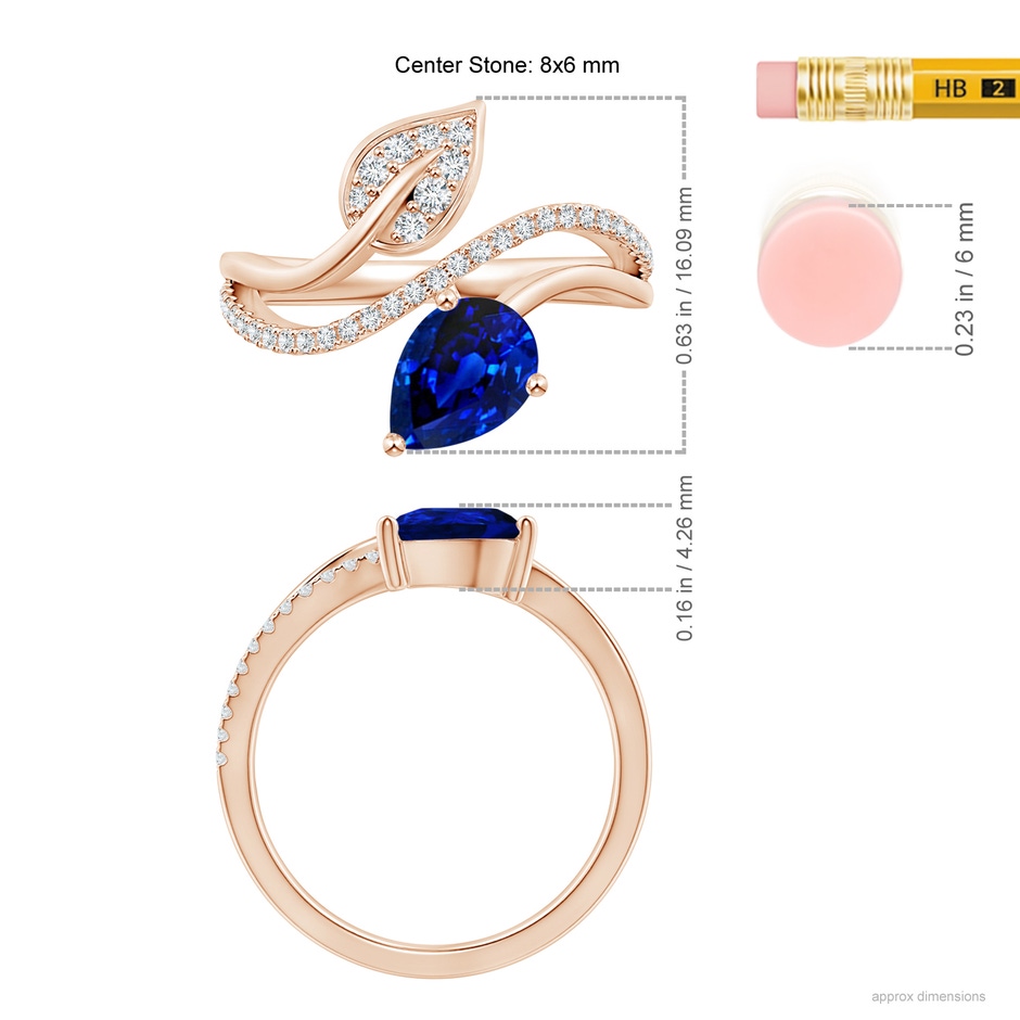 8x6mm AAAA Sapphire and Diamond Bypass Ring with Leaf Motif in Rose Gold ruler