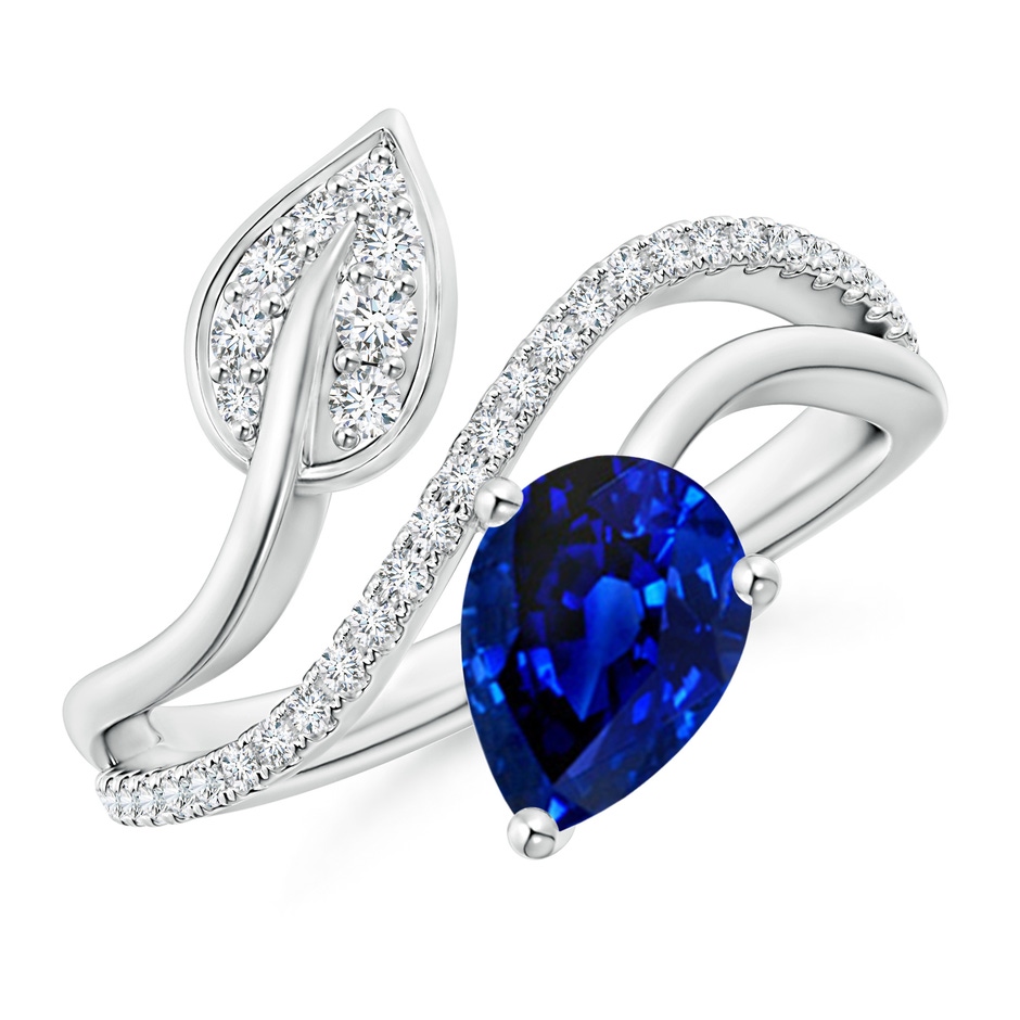 8x6mm AAAA Sapphire and Diamond Bypass Ring with Leaf Motif in White Gold 