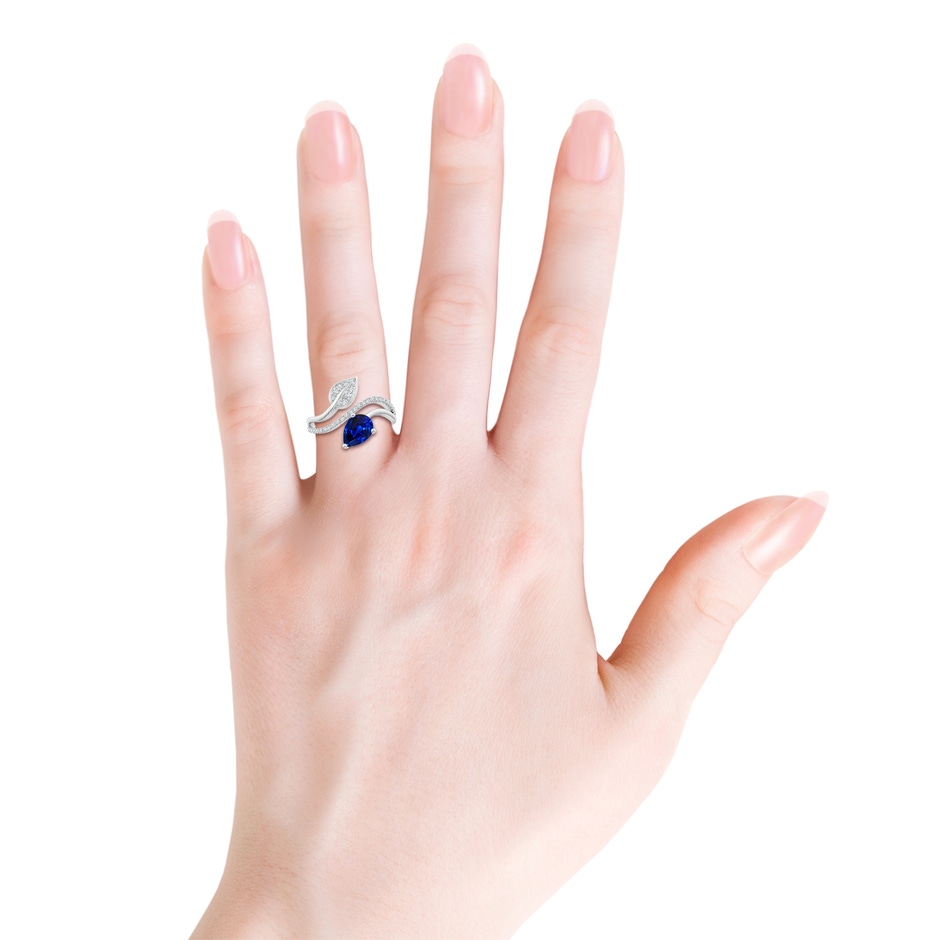 8x6mm AAAA Sapphire and Diamond Bypass Ring with Leaf Motif in White Gold body-hand
