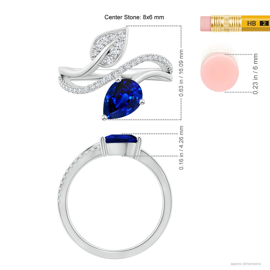 8x6mm AAAA Sapphire and Diamond Bypass Ring with Leaf Motif in White Gold ruler