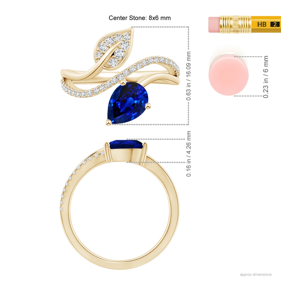 8x6mm AAAA Sapphire and Diamond Bypass Ring with Leaf Motif in Yellow Gold ruler