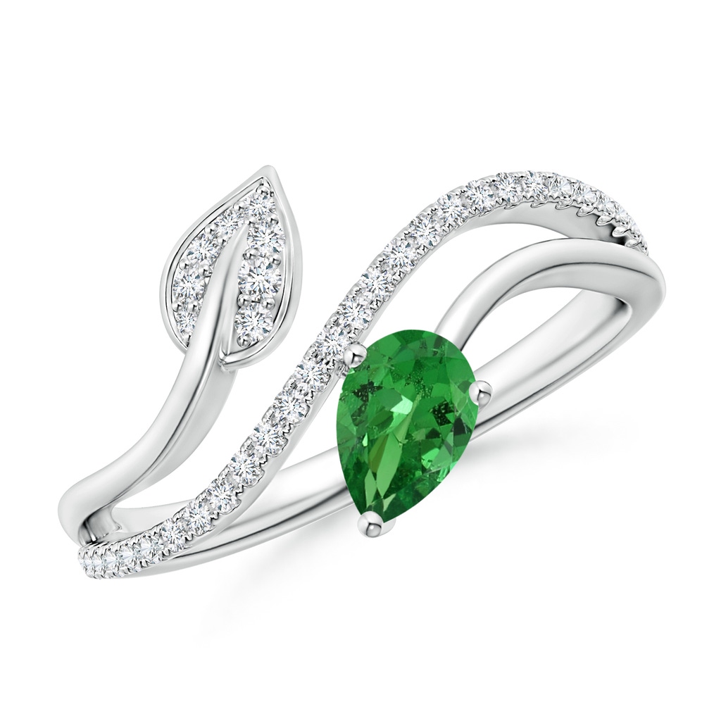 6x4mm AAA Tsavorite and Diamond Bypass Ring with Leaf Motif in White Gold