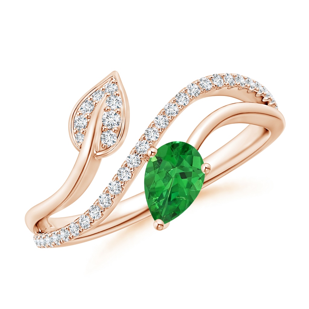 6x4mm AAAA Tsavorite and Diamond Bypass Ring with Leaf Motif in Rose Gold