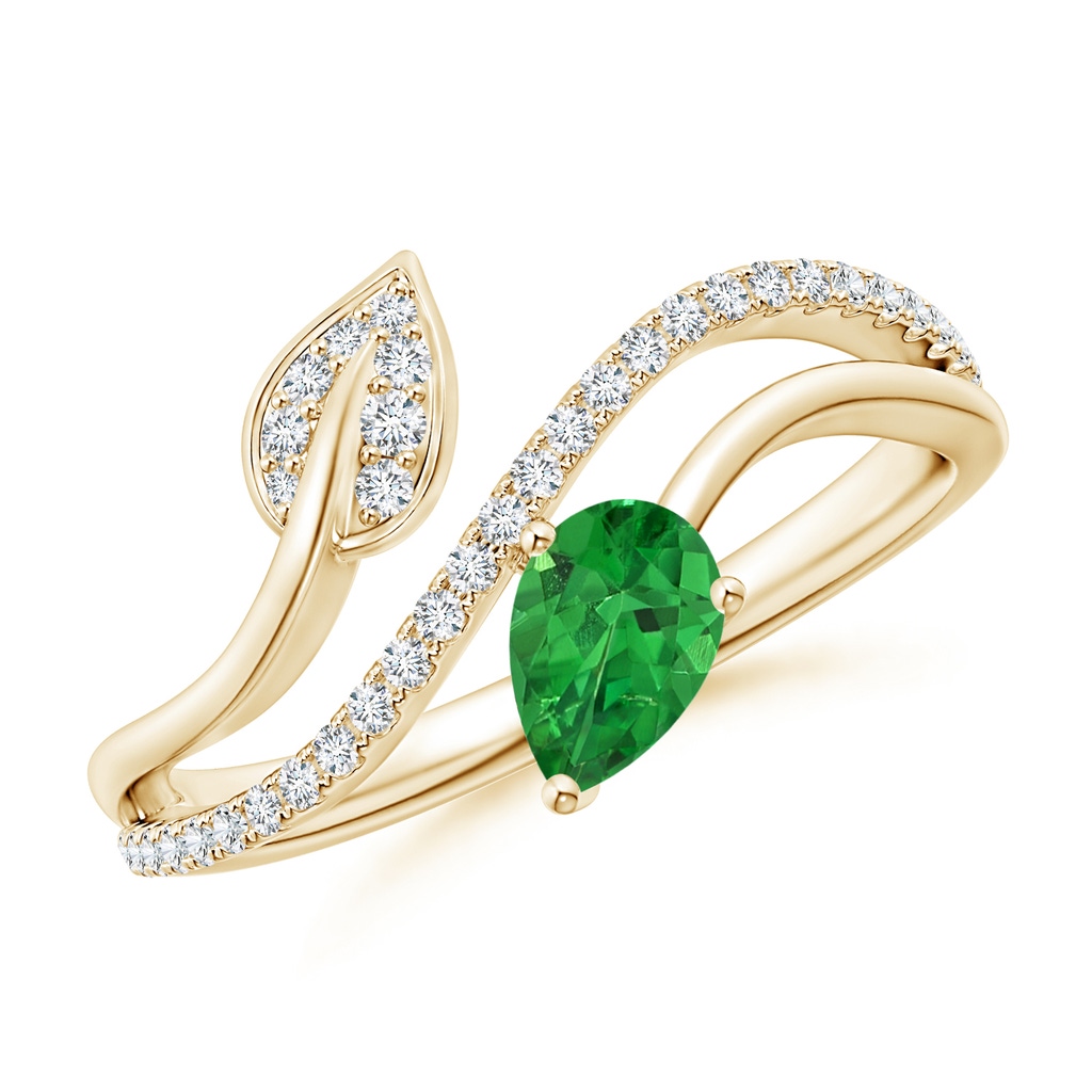 6x4mm AAAA Tsavorite and Diamond Bypass Ring with Leaf Motif in Yellow Gold