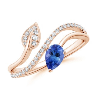 6x4mm AA Tanzanite and Diamond Bypass Ring with Leaf Motif in Rose Gold