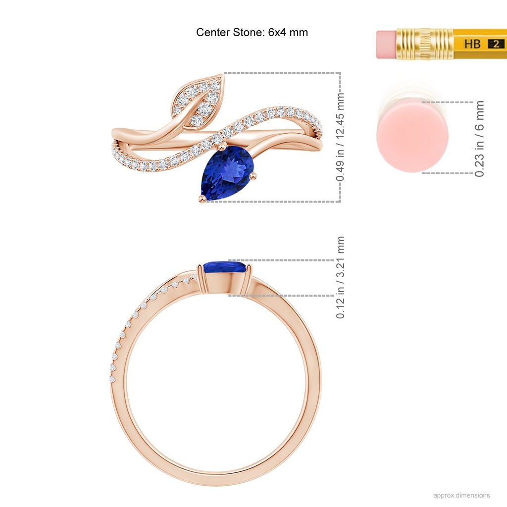 6x4mm AAA Tanzanite and Diamond Bypass Ring with Leaf Motif in Rose Gold Ruler