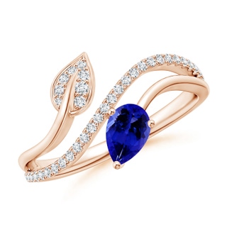 6x4mm AAAA Tanzanite and Diamond Bypass Ring with Leaf Motif in Rose Gold