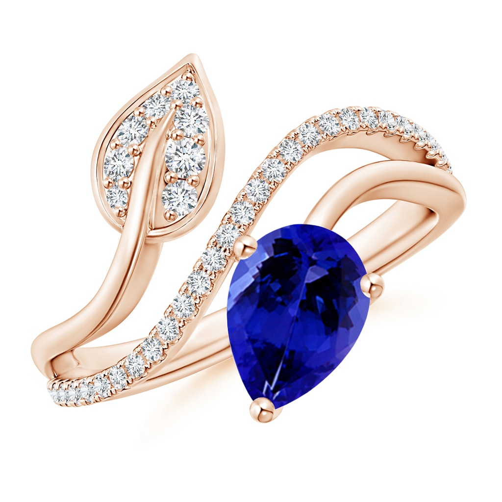 8x6mm AAAA Tanzanite and Diamond Bypass Ring with Leaf Motif in Rose Gold