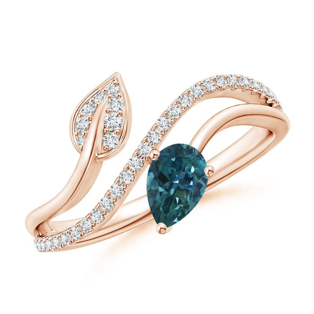 6x4mm AAA Teal Montana Sapphire and Diamond Bypass Ring with Leaf Motif in Rose Gold