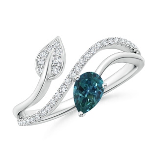 6x4mm AAA Teal Montana Sapphire and Diamond Bypass Ring with Leaf Motif in White Gold