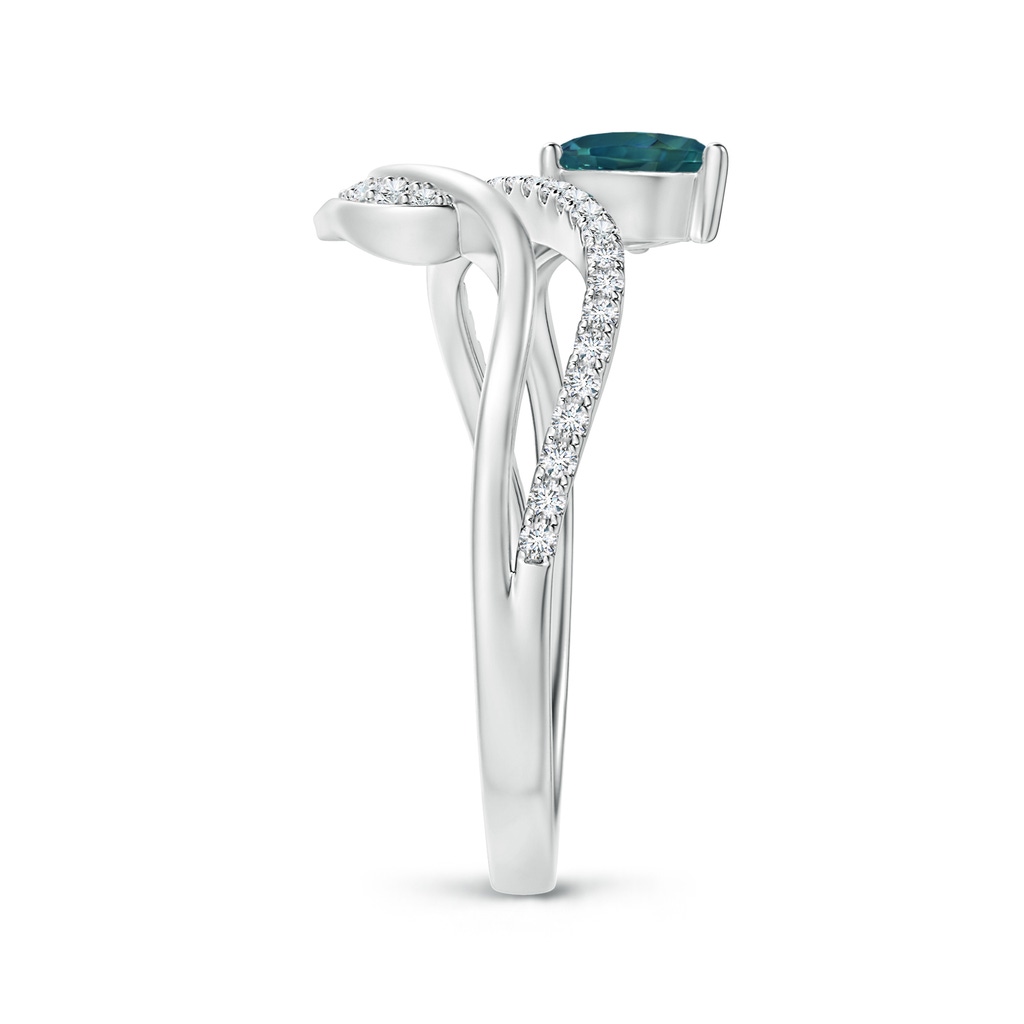 6x4mm AAA Teal Montana Sapphire and Diamond Bypass Ring with Leaf Motif in White Gold Side 2
